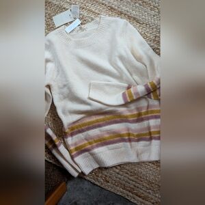 Hem & Thread Cream Sweater with Pink and Gold Stripes